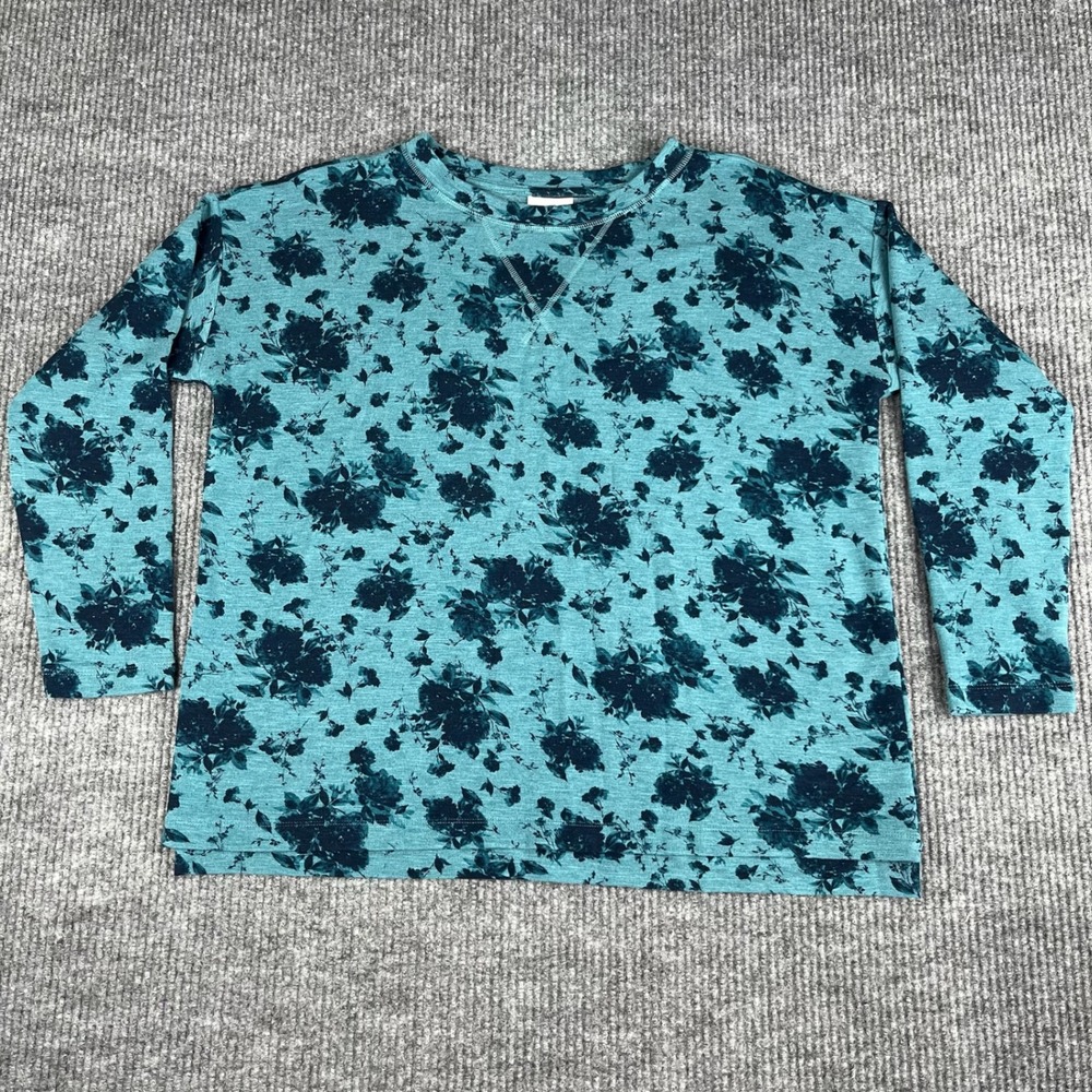 J Jill Sweatshirt Womens‎ L Teal Floral Pullover Fleece Long Sleeve Crew Neck